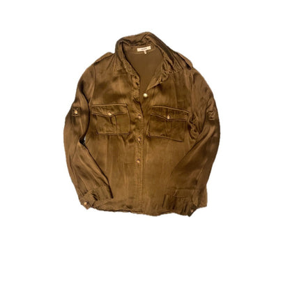 GANNI Satin Utility Shirt Olive Green Long Sleeve Button Up Pockets Size S