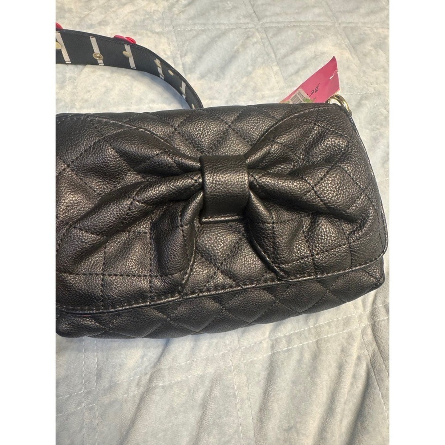 Betsey Johnson Black Quilted Belt Bag with Floral Detail Studded Strap NWT