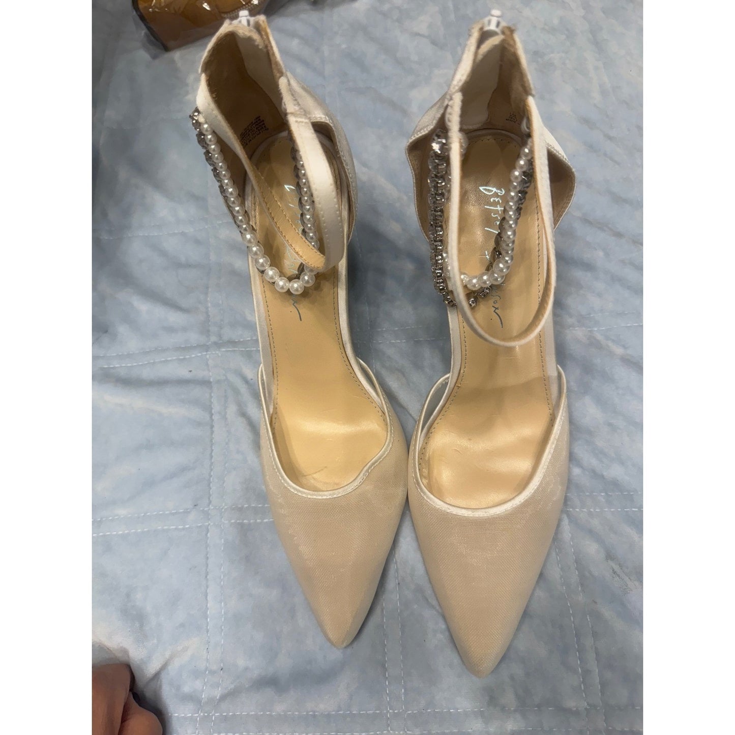 Betsey Johnson Ivory Rhinestone Pearl Ankle Strap Pointed Toe Heels