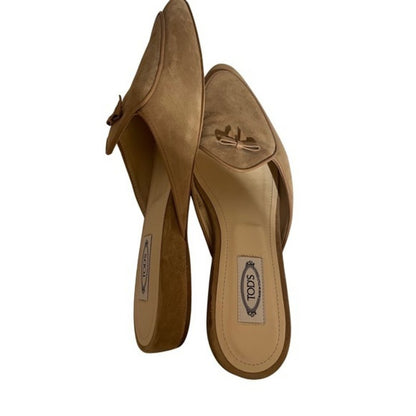 TODS Suede Mules Pointed Toe Bow Accent Tan Made in Italy Women's Size 9