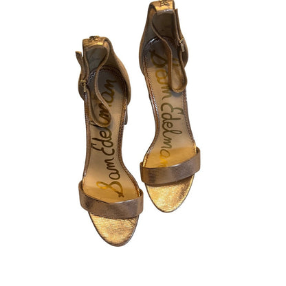 Sam Edelman Gold Metallic Ankle Strap Heels Women's Size 10.5 Block Heel Sandals