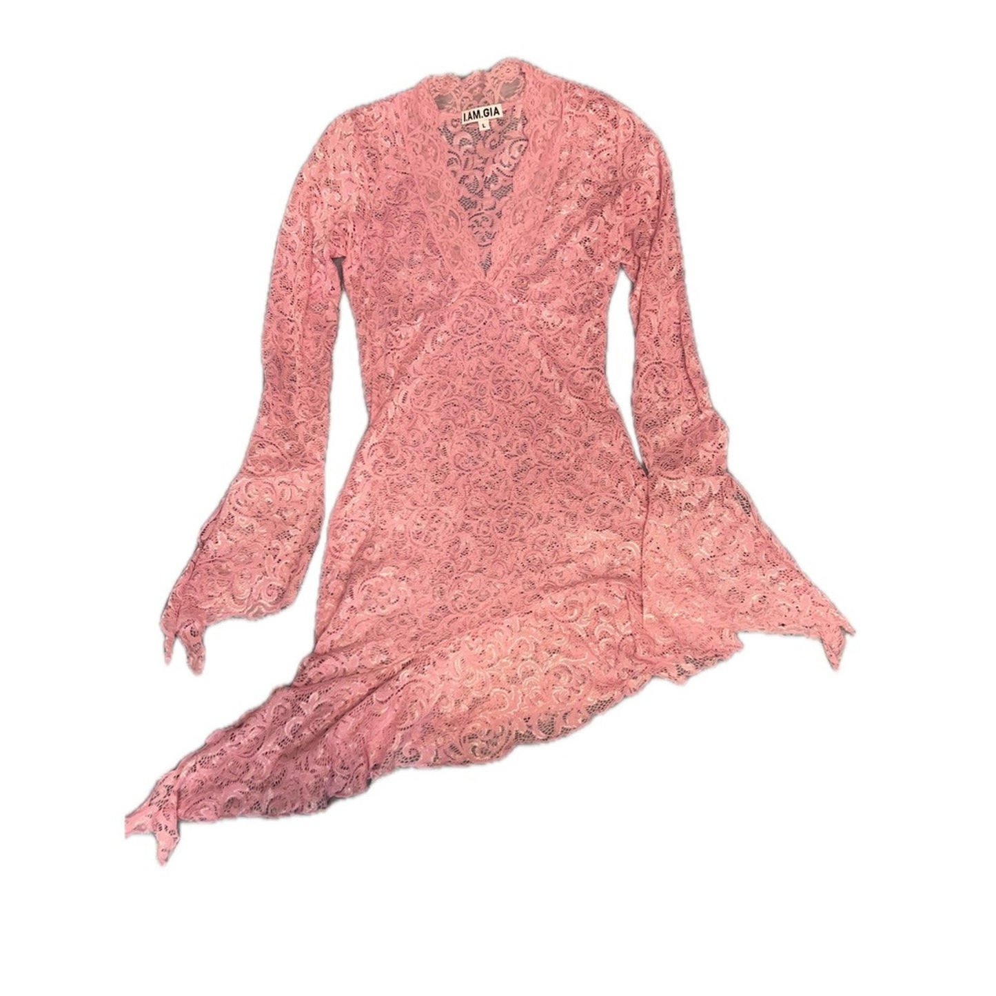 I.AM.GIA Lace Bell Sleeve Asymmetrical Mini Dress Women L Pink Excellent Sheer