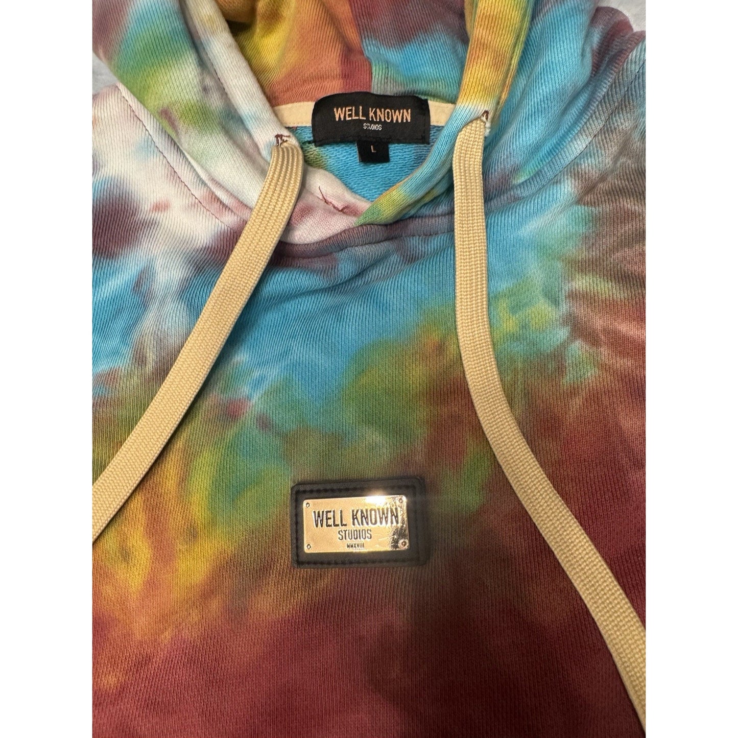 Well Known Studios Tie Dye Hoodie Sweatshirt Gold Logo Patch Size L Unisex