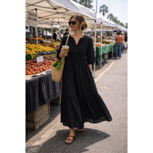 Natalie Martin Maxi Dress Womens XL Black Cotton Pleated Bib Boho Long Sleeve
