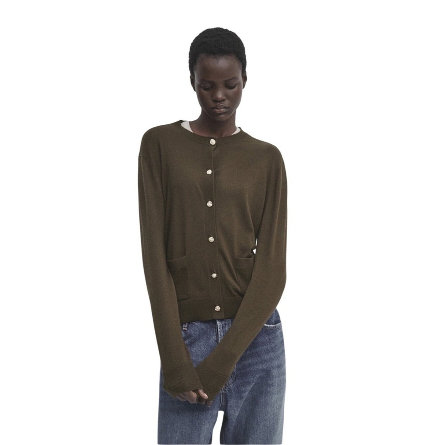 Massimo Dutti Olive Green Cardigan Button Front Crew Neck Pockets Knit M NWT