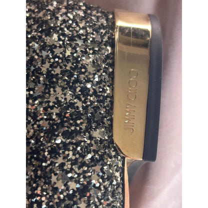 Jimmy Choo Genevi Star Coarse Glitter Toe Flats Gold Heel Black Silver 39