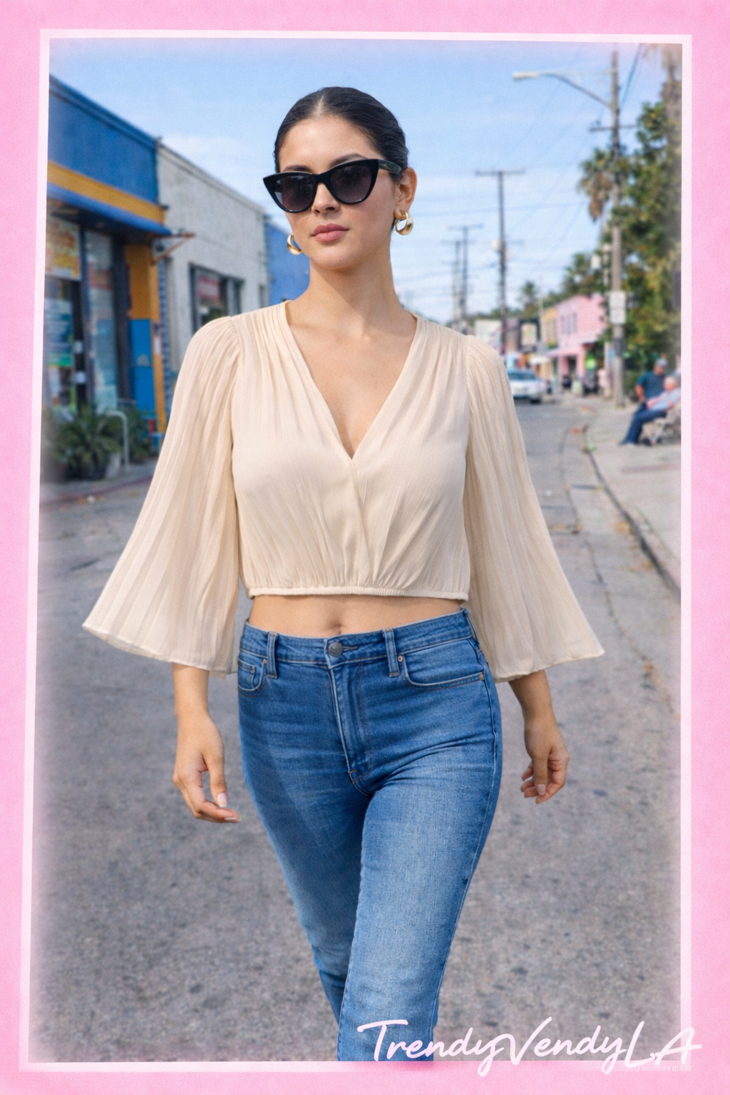 alice + olivia Cream Pleated Kimono Style Blouse Flare Sleeve Cropped