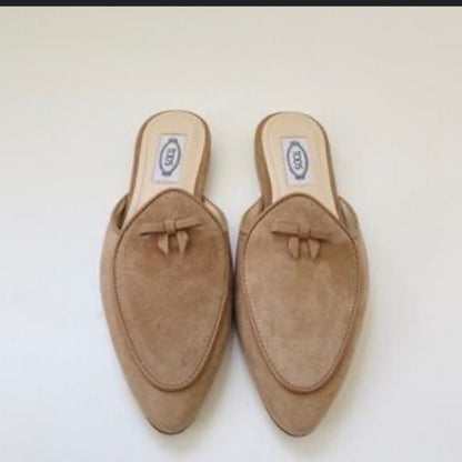 TODS Suede Mules Pointed Toe Bow Accent Tan Made in Italy Women's Size 9