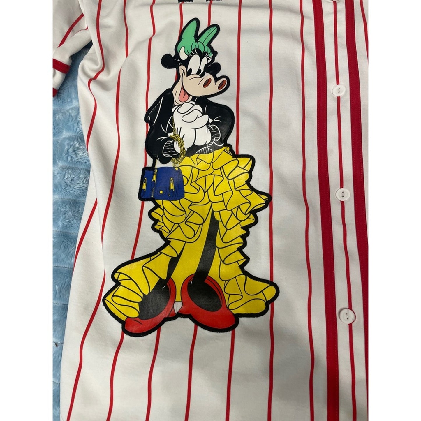 MOSCHINO H&M Disney Goofy Mickey Mouse Baseball Jersey Shirt Red White Striped