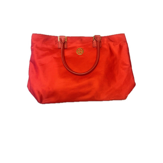 Tory Burch Red Nylon Tote Bag Gold Logo Double Handles