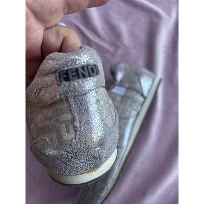 Fendi Zucca Monogram Metallic Silver Grey Low Top Sneakers  FF Logo