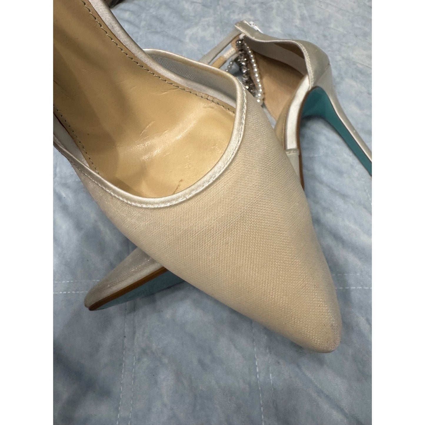 Betsey Johnson Ivory Rhinestone Pearl Ankle Strap Pointed Toe Heels