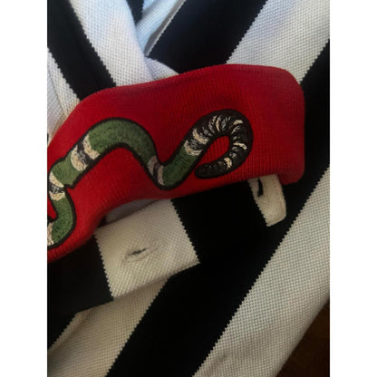 Gucci Navy White Striped Polo Shirt Red Snake Bee Embroidered Collar Size M