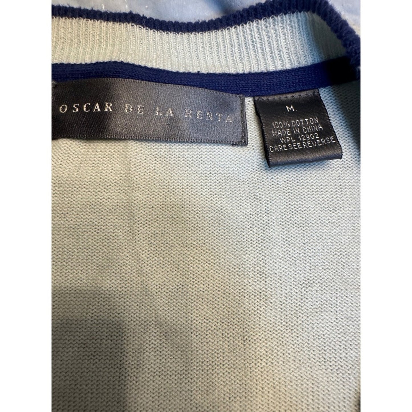 Oscar de la Renta Cream Cotton Cardigan Sweater Navy Trim Womens Size M