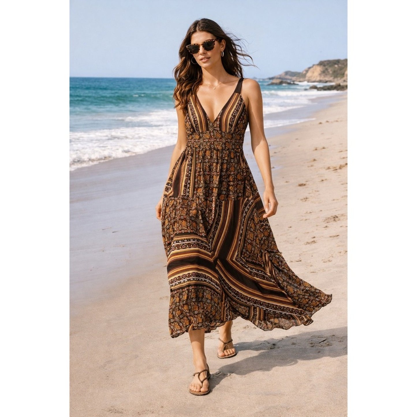 ALC Silk Maxi Dress Bohemian Paisley Print Sleeveless V Neck Size 10