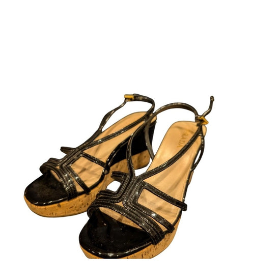 Prada black patent leather cork wedge sandals, made in Italy, size 38.5, /8