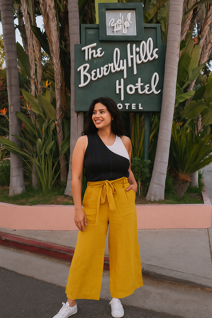 PrettyLittleThing Mustard Linen Oversized Belted High Waist Wide Leg Pants NWT