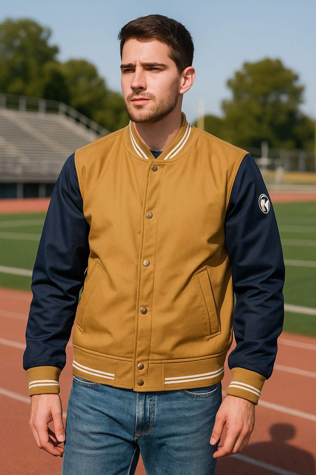 Michael Kors Varsity Jacket XL – Tan & Navy Bomber Coat NWT Logo Patch