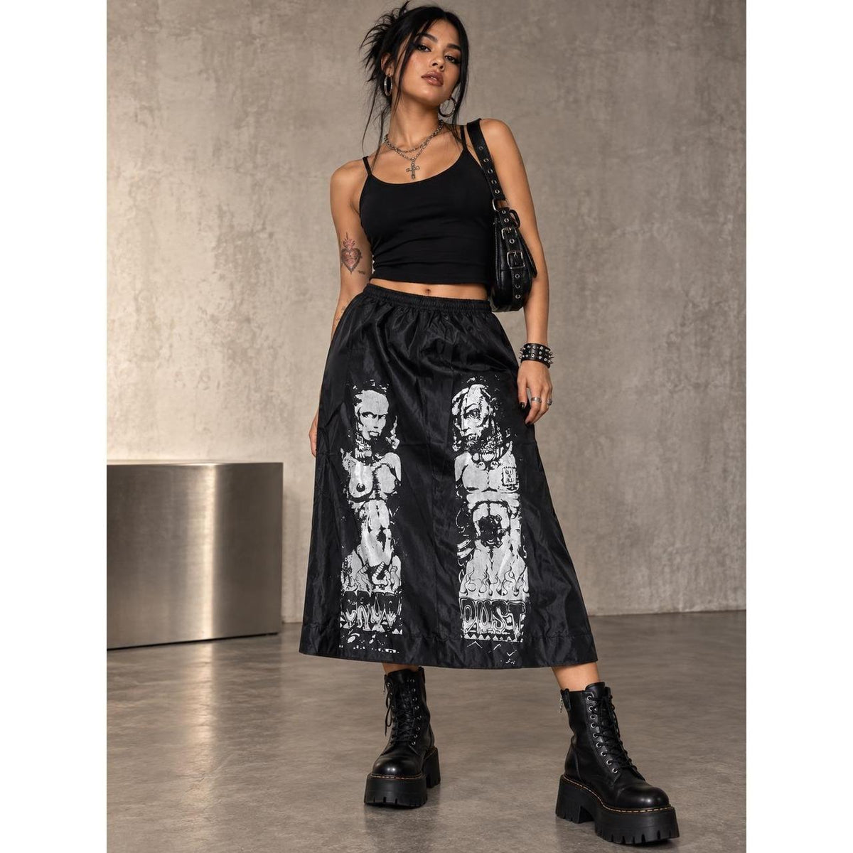 Dilemma Black Graphic Print Industrial Gothic Midi Skirt Women's S