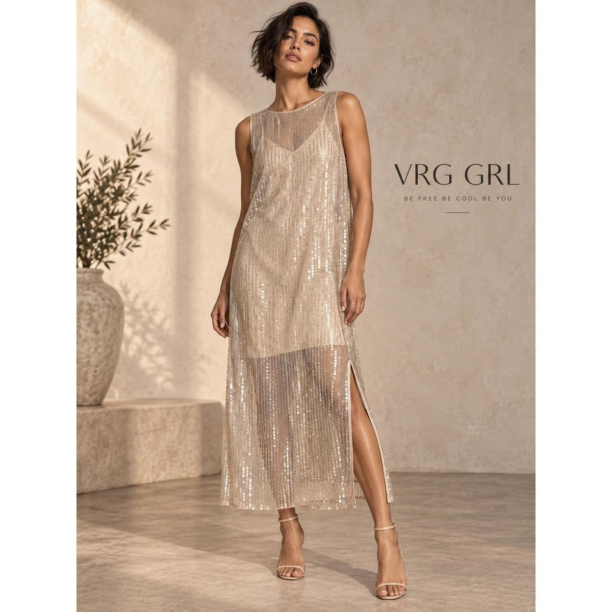 VRG GRL Champagne Sequin Mesh Midi Dress with Slip Women's US 10