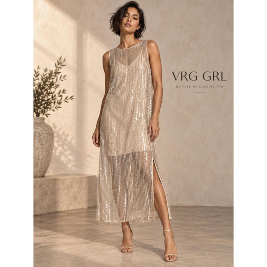 VRG GRL Champagne Sequin Mesh Midi Dress with Slip Women's US 10
