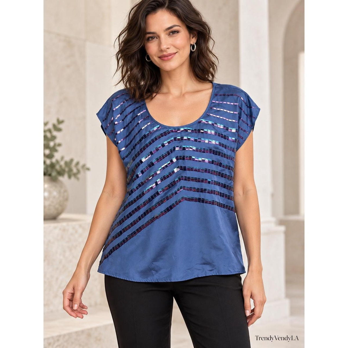 Jamison Blue Silk Sequin Chevron Short-Sleeve Top Women's M