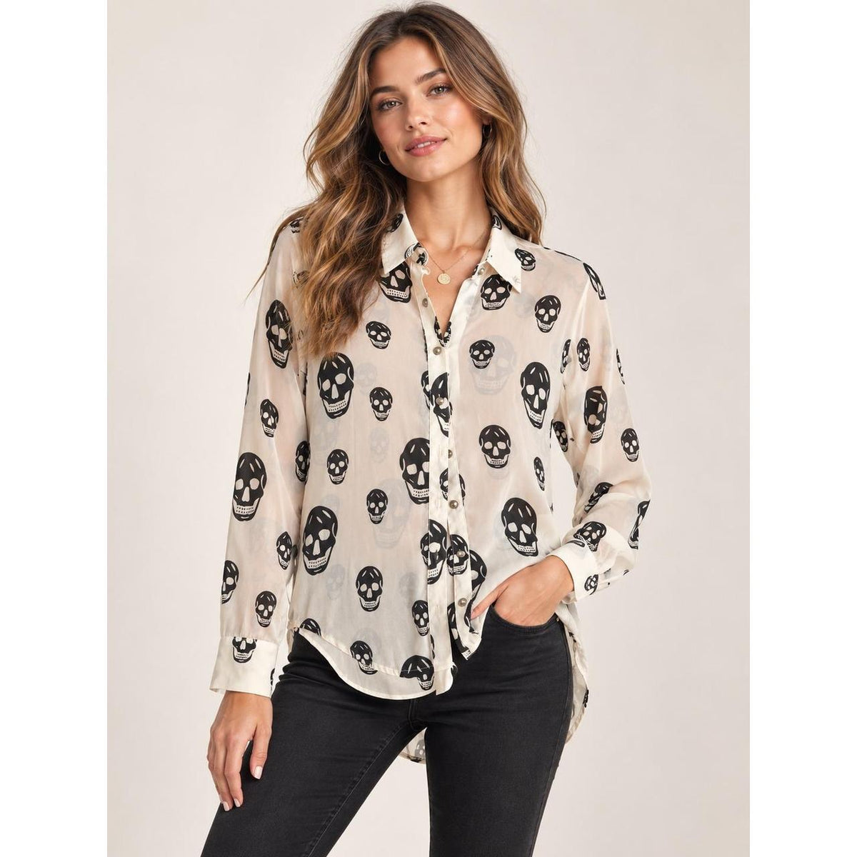 Mono B Cream Black Skull Print Sheer Button-Down Shirt NWT Women's M