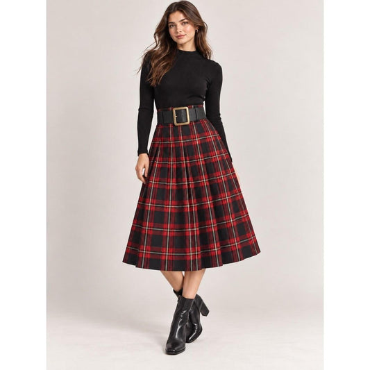 MO&Co Red Black Tartan Pleated Belted Midi Skirt Women's S