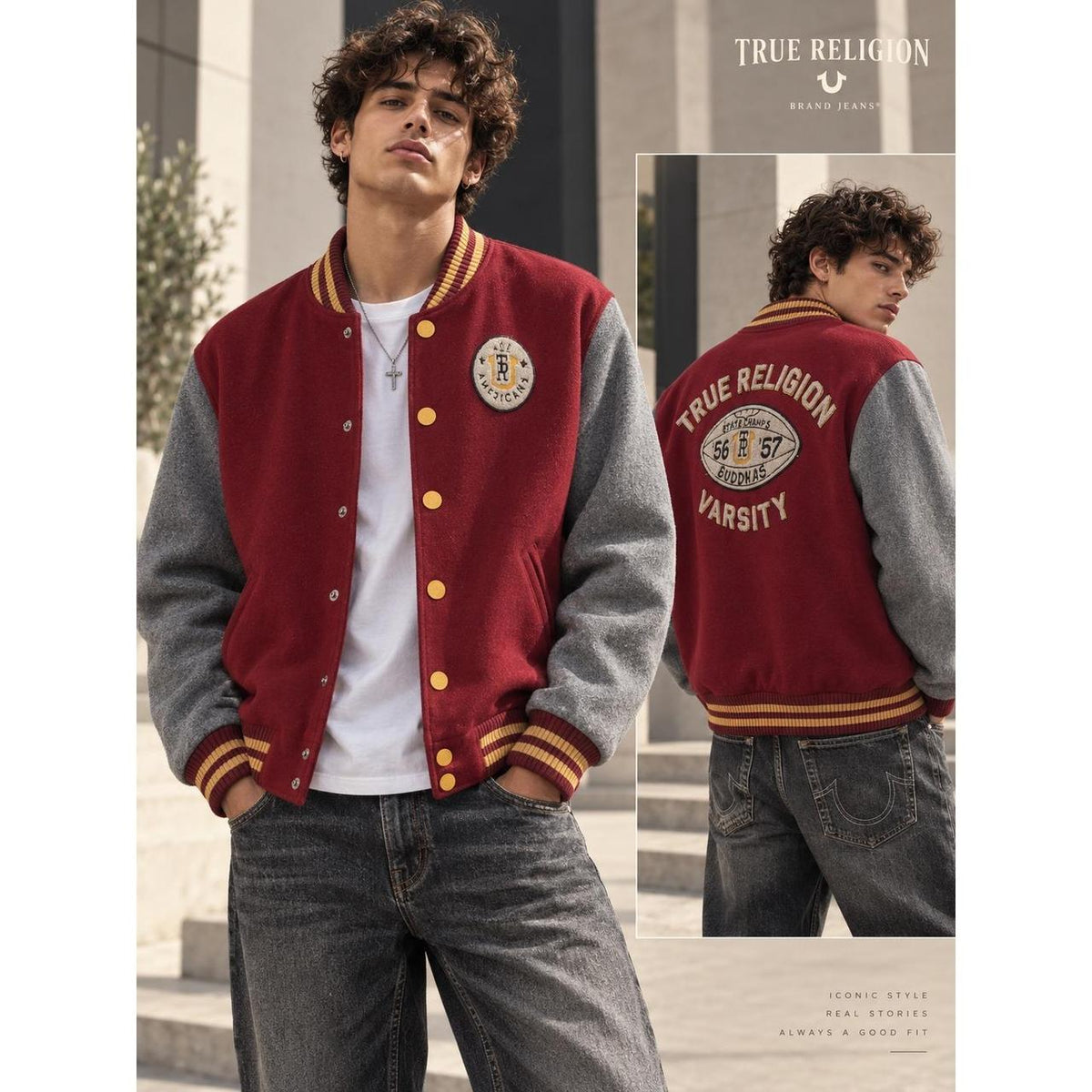 True Religion Burgundy Gray Wool-Blend Varsity Jacket Men's XL