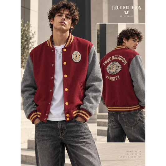 True Religion Burgundy Gray Wool-Blend Varsity Jacket Men's XL