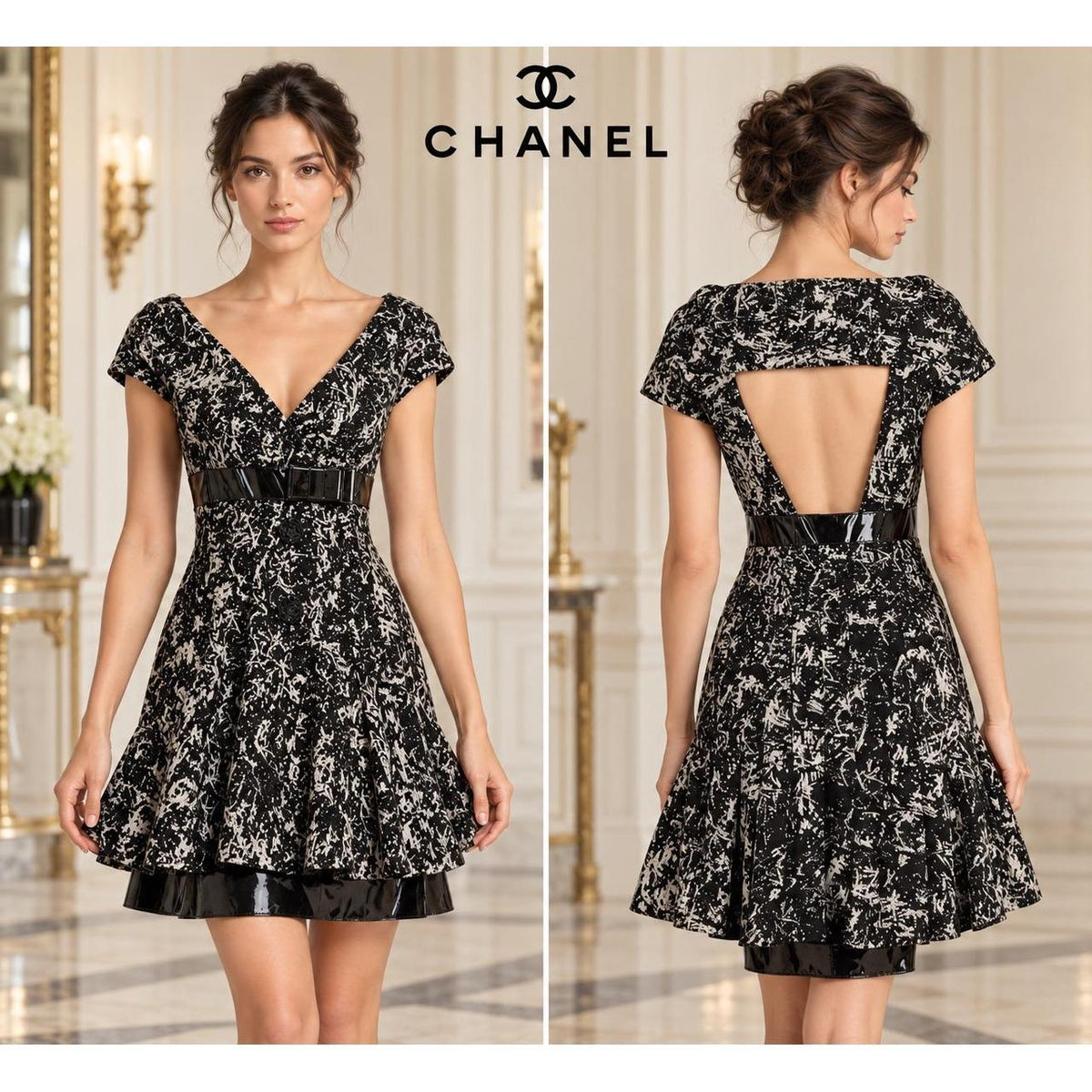 CHANEL Karl Lagerfeld Black White Wool Leather Bow Cutout Dress FR 36