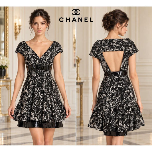 CHANEL Karl Lagerfeld Black White Wool Leather Bow Cutout Dress FR 36