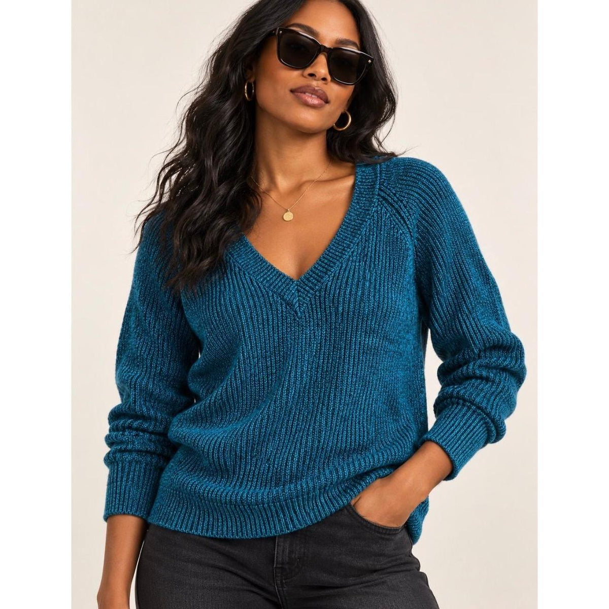 BCBGMAXAZRIA Teal Marled Ribbed V-Neck Sweater Men's M