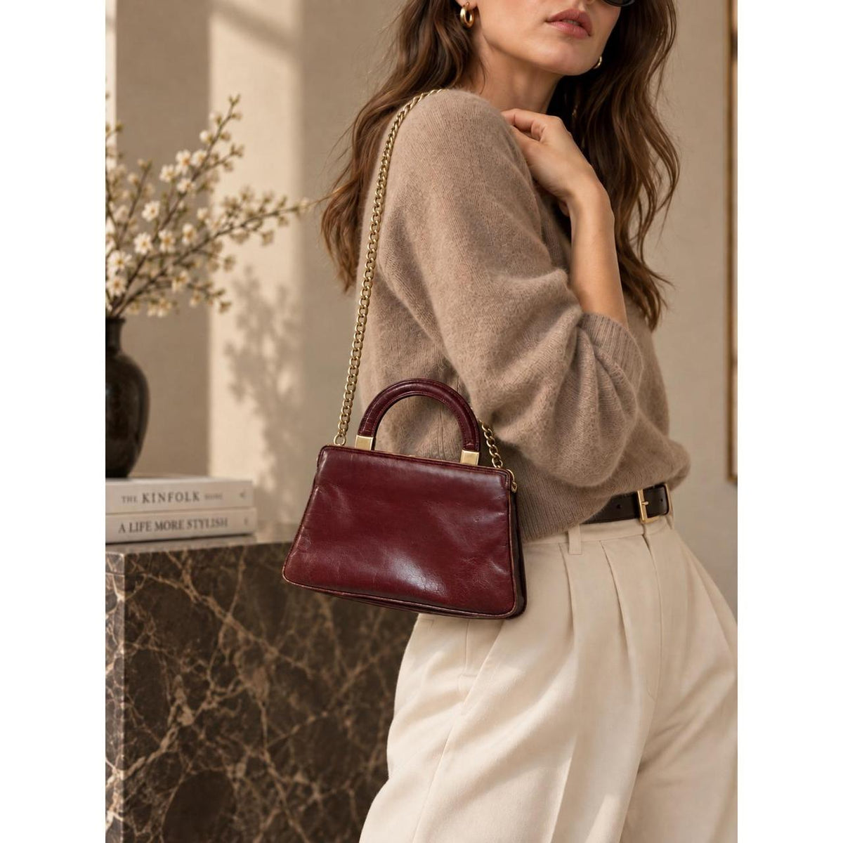 Vintage Burgundy Leather Top Handle Bag Gold Chain Strap