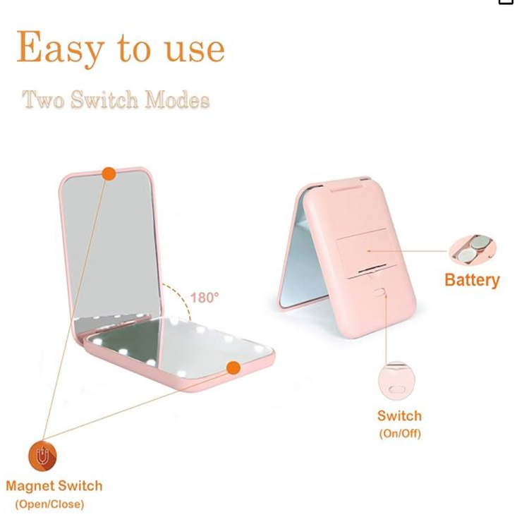 Pocket Mirror, 1X/3X Magnification LED Compact Travel Makeup Mirror with Light for Purse, 2-Sided, Portable, Folding, Handheld, Small Lighted Mirror for Gift, Pink -  Trendy Vendy LA