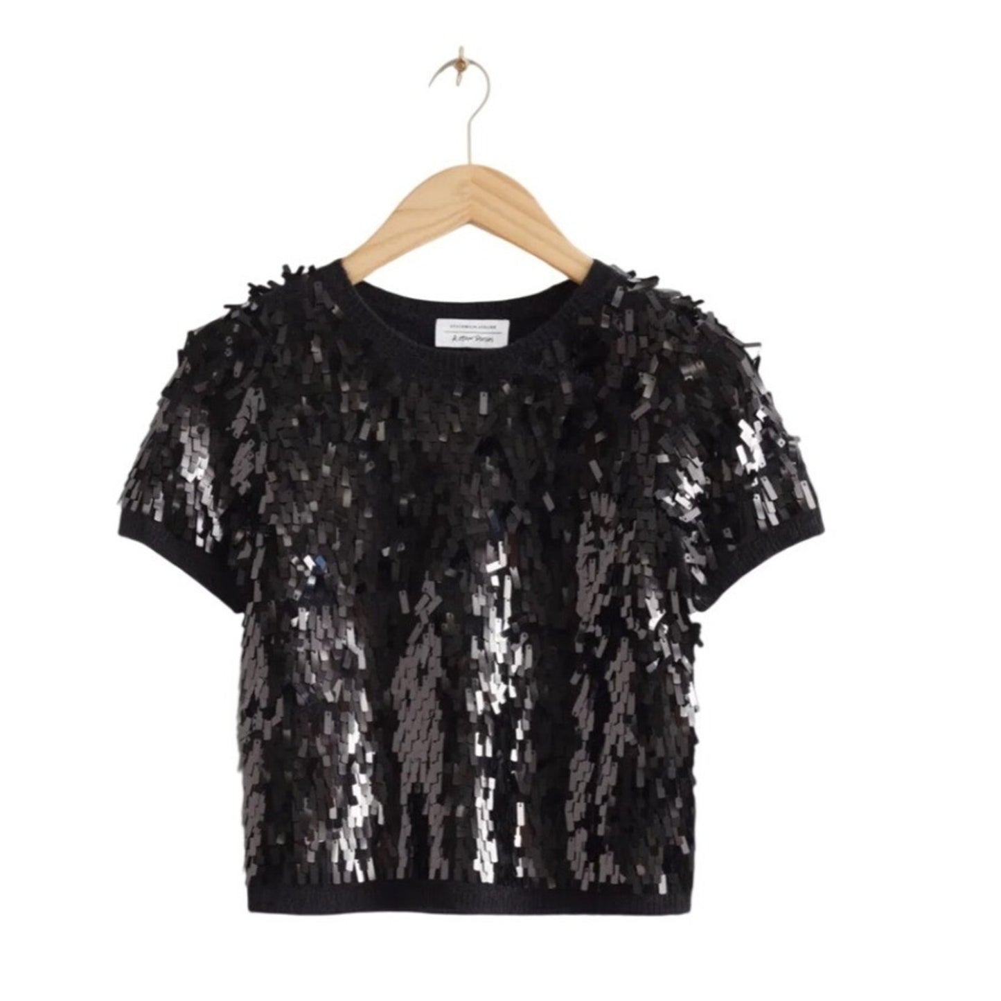 Other Stories Black Sequin Fringe Knit Sweater Top Short Sleeve Crew Neck size M