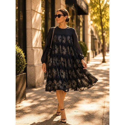 Merlette Mini Dress Womens Size Medium Black Silver Silk Cotton Tiered Floral