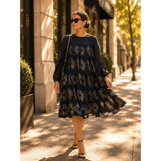 Merlette Mini Dress Womens Size Medium Black Silver Silk Cotton Tiered Floral
