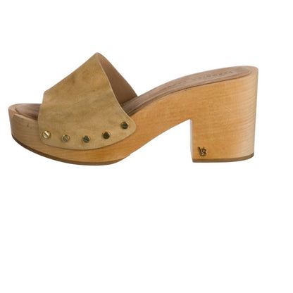 Veronica Beard Suede Studded Accent Platform Block Heel Clogs Slides Tan  Siz 10