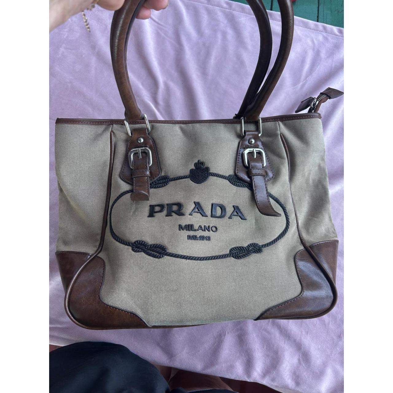 Prada Milano Canvas Tote Bag Brown Leather Trim Vintage Shoulder Bag