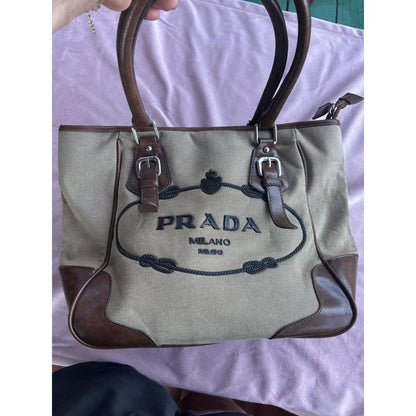 Prada Milano Canvas Tote Bag Brown Leather Trim Vintage Shoulder Bag