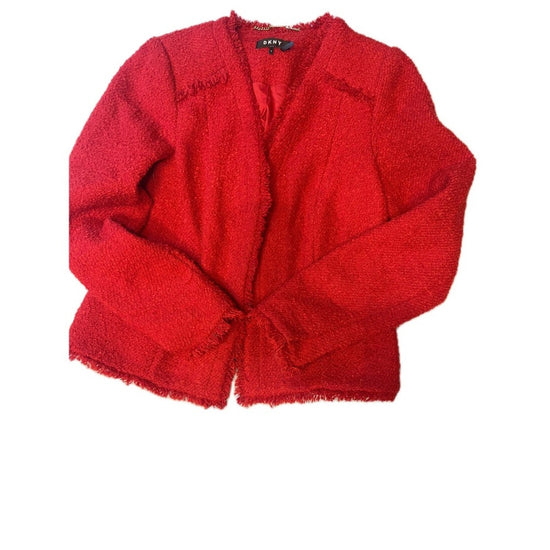 DKNY Red Bouclé Frayed Edge Jacket Women&