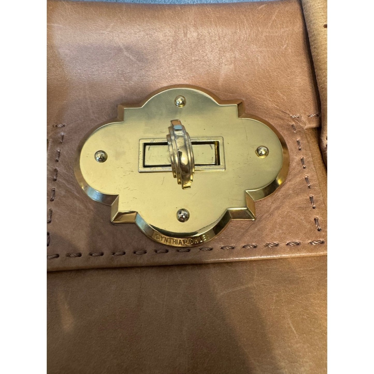 Cynthia Rowley Tan Leather Satchel Handbag Top Handle Bag Brass Lock
