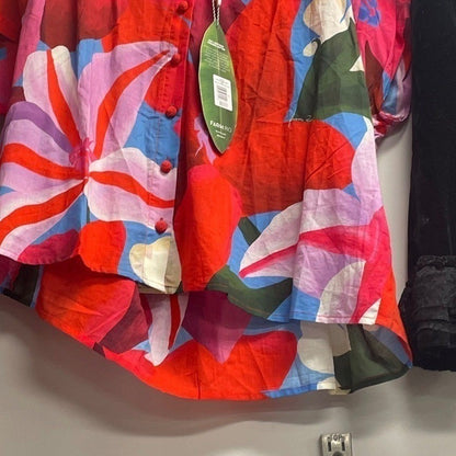 FARM RIO Button Front Blouse Red Pink Blue Floral Print Short Sleeve size S NWT