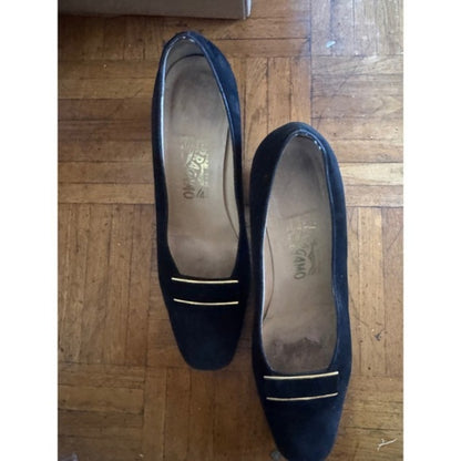 Salvatore Ferragamo Black Suede Leather Block Heel Pumps - Size 9.5B