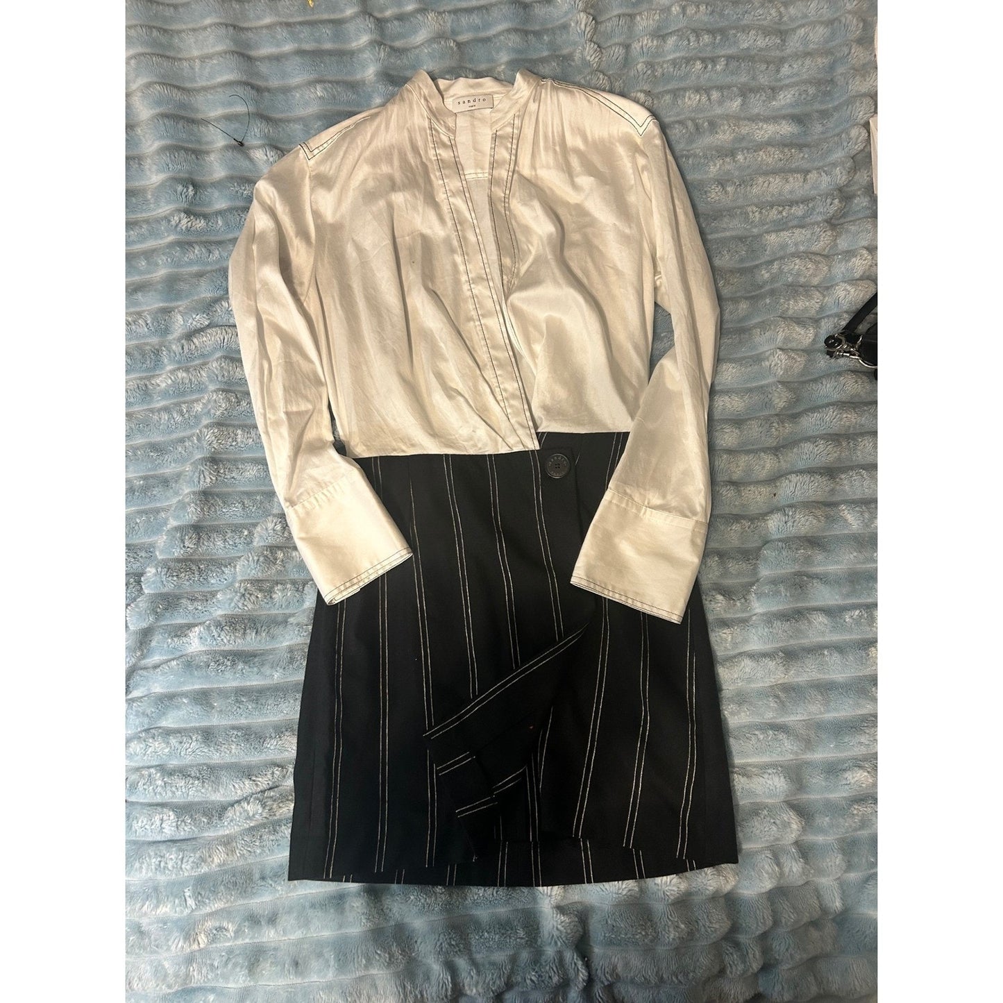 Sandro Paris Black White Pinstripe Asymmetrical Wrap Dress