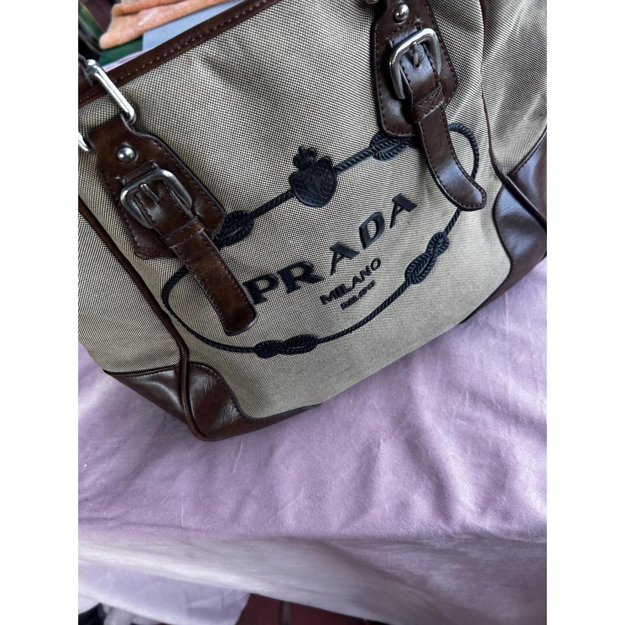 Prada Milano Canvas Tote Bag Brown Leather Trim Vintage Shoulder Bag