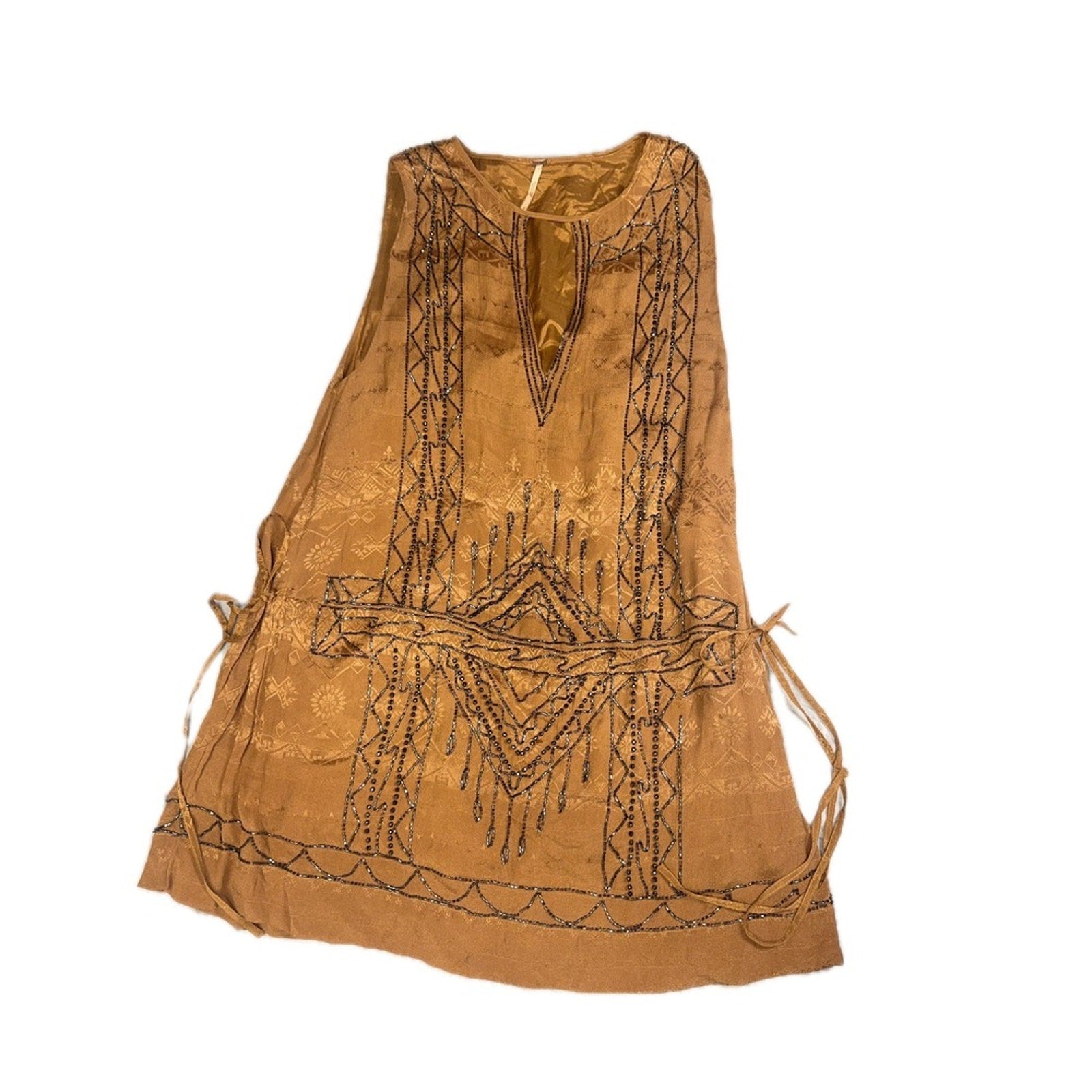 Free People Dress Tan Sleeveless Beaded Accents Boho Mini Dress
