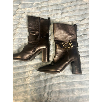 Made in Italy Black Leather Mid Calf Block Heel Boots Gold Ring Buckle A8455 39