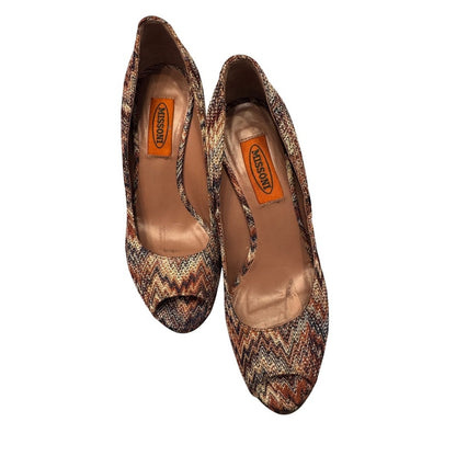 Missoni Women's Heels Size 37.5 Multicolor Zigzag Peep Toe Platform Pumps